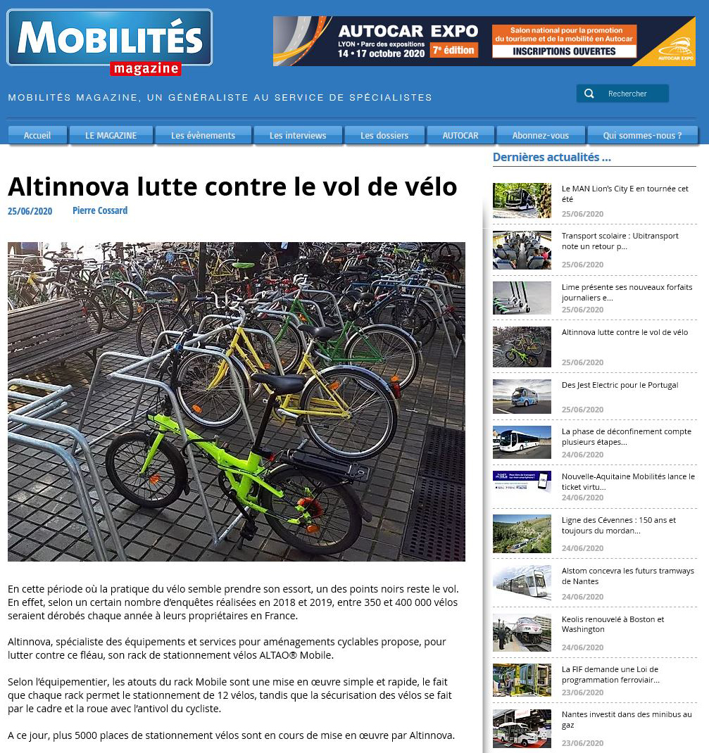 l'article Altinnova lutte contre le vol de vélo dans Mobilités Magazine