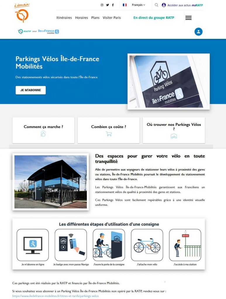 site internet des Parkings Vélos RATP