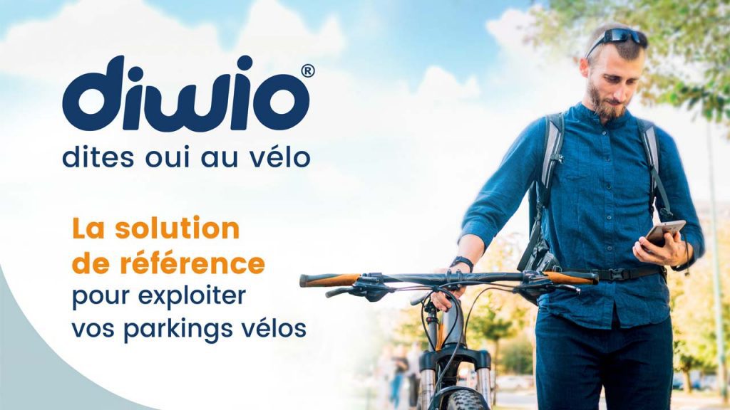 visuel Diwio avec un cycliste cherchant un parking vélo sur son smartphone