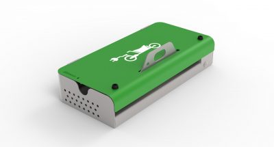 Rack with integrated electric charging point for cargo bikes