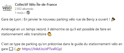 post Linkedin du Collectif Vélo Ile-De-France sur le parking vélo en Gare de Lyon
