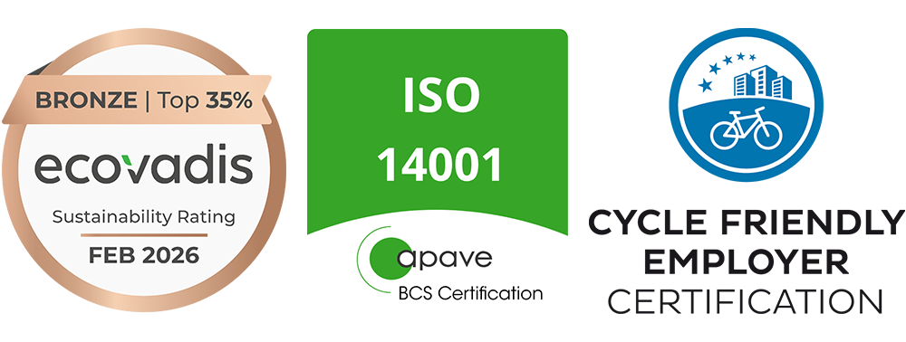 Certificazione ISO 14001, medaglia di bronzo EcoVadis, certificazione Cycle Friendly Employer
