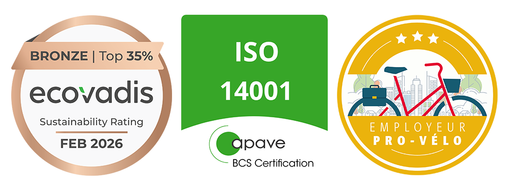 Médaille Bronze EcoVadis, Certification ISO 14001, Label Employeur Pro-Vélo niveau Or