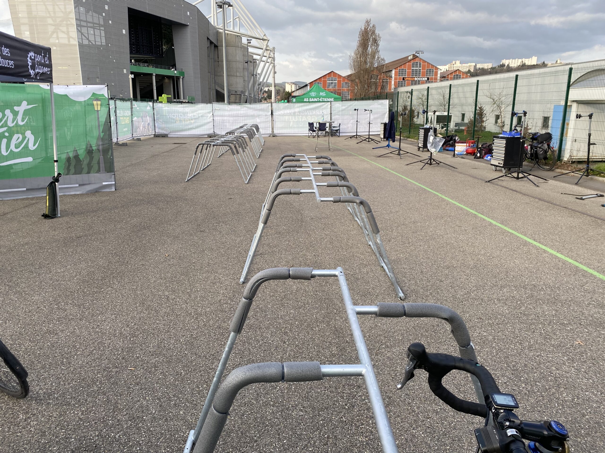 temporary bicycle parking racks installed at Saint-Etienne's Geoffroy-Guichard stadium