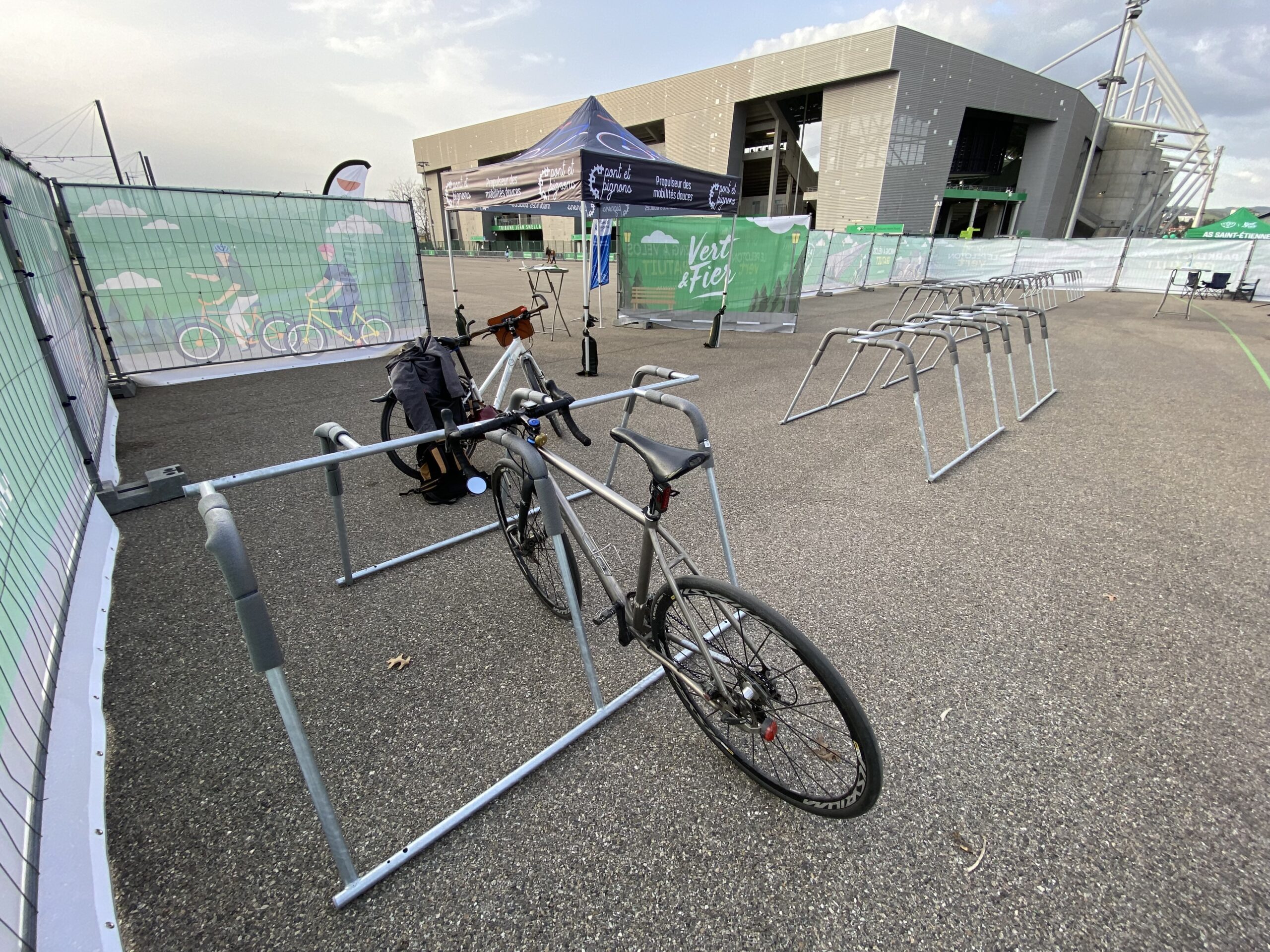 temporary bike park in front of Saint-Etienne's Geoffroy-Guichard stadium