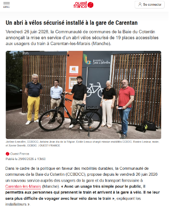 Ouest France - article sur l'Abri Cigogne installé en gare de Carentan-les-Marais (Manche)